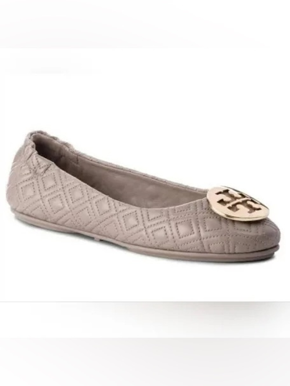 Tory Burch Quilted Taupe Ballet Flat with Gold Logo Disc